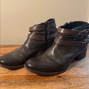 freebird Black Leather Ankle Booties with Brown Strap Accents